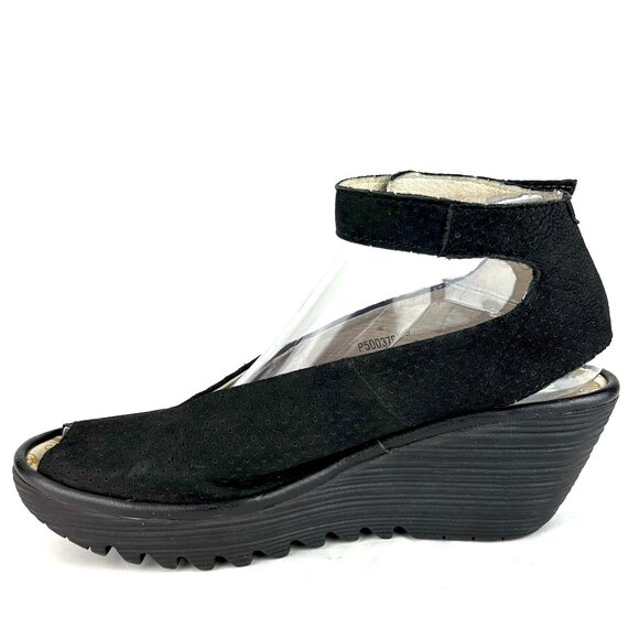 Fly London Black Suede Perforated Wedge Sandals - Size 40/ 9-9.5 - Picture 1 of 12